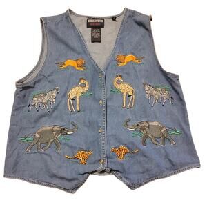 Vtg 90s Y2K Animal Embroidered Denim Vest Safari Africa Elephant Giraffe Zebra L